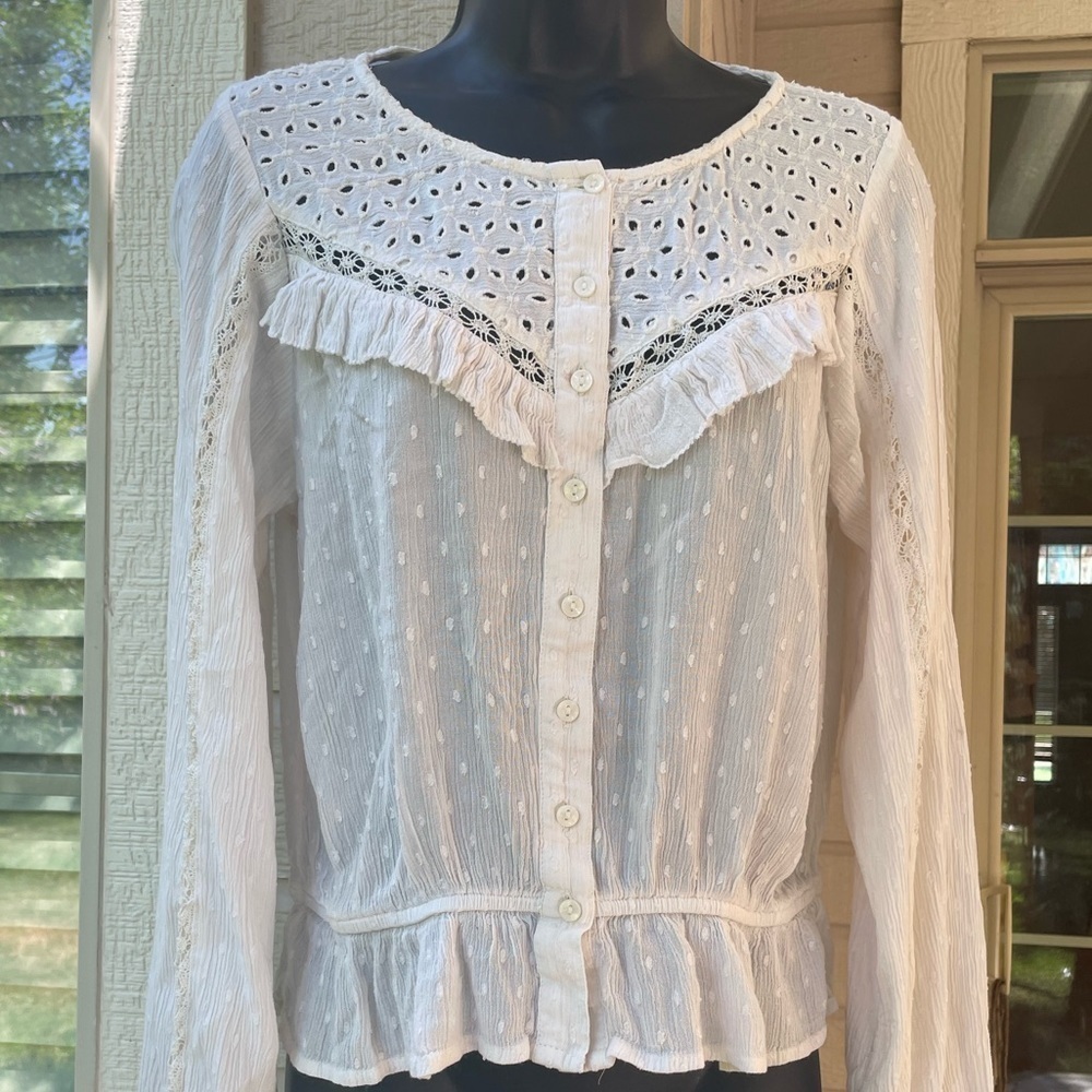 White Boho Gauze Polka Dot & Lace Full Ruffle Button-up Peplum Waist Granny Top